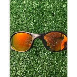 Vintage Oakley Style Matte Black Frame Sunglasses with Orange Mirrored Lenses